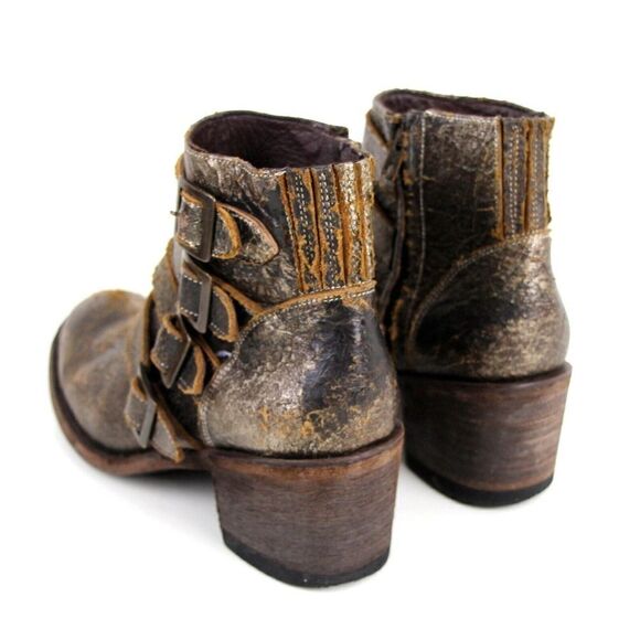 Five World Cordani METALLIC BROWN GENUINE LEATHER LOW HEEL BELTED ANKLE BOOTS 8B - Picture 5 of 10